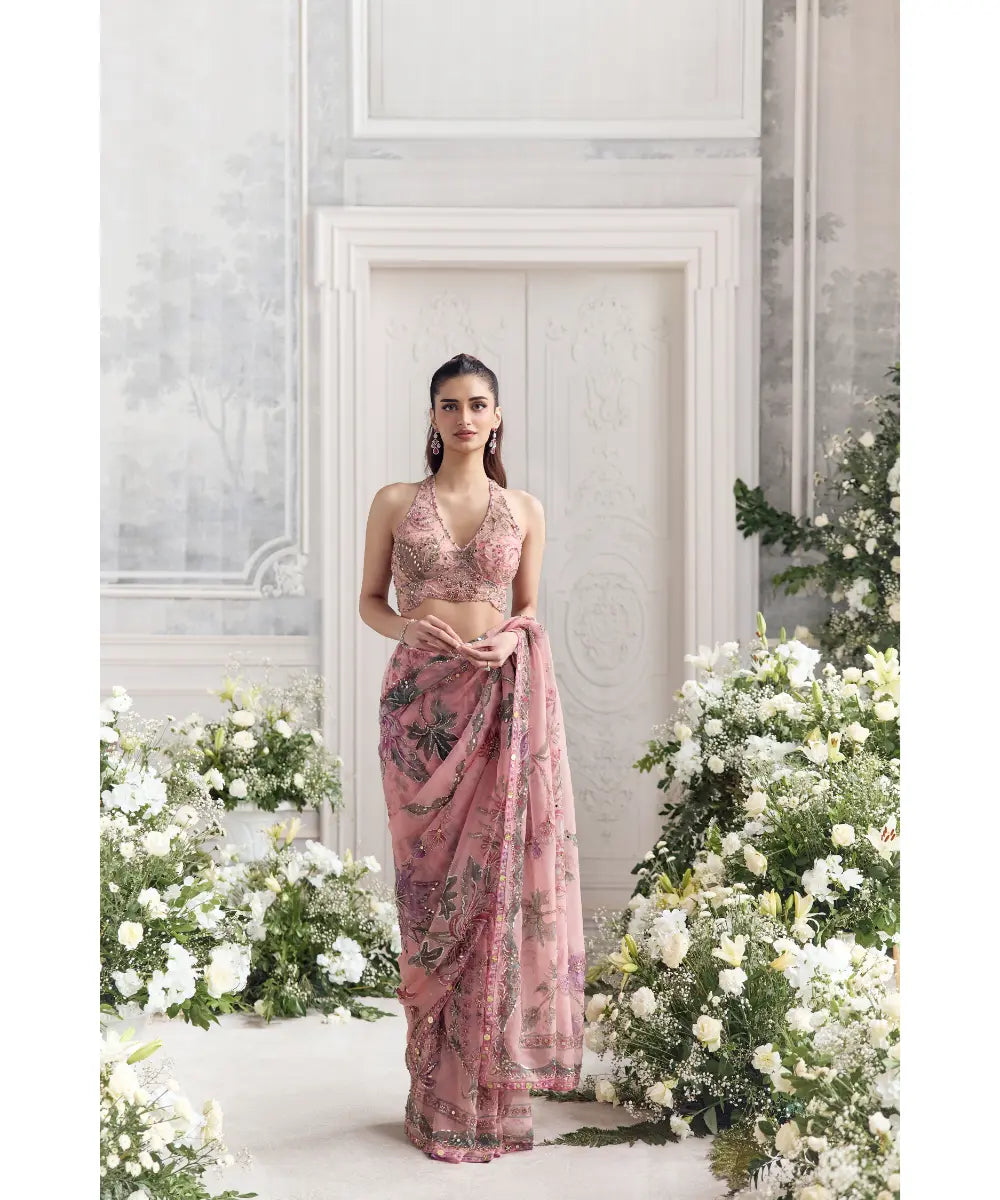 EMBROIDERED HALTER NECK BLOUSE  PAIRED WITH PREDRAPED SAREE - ITR