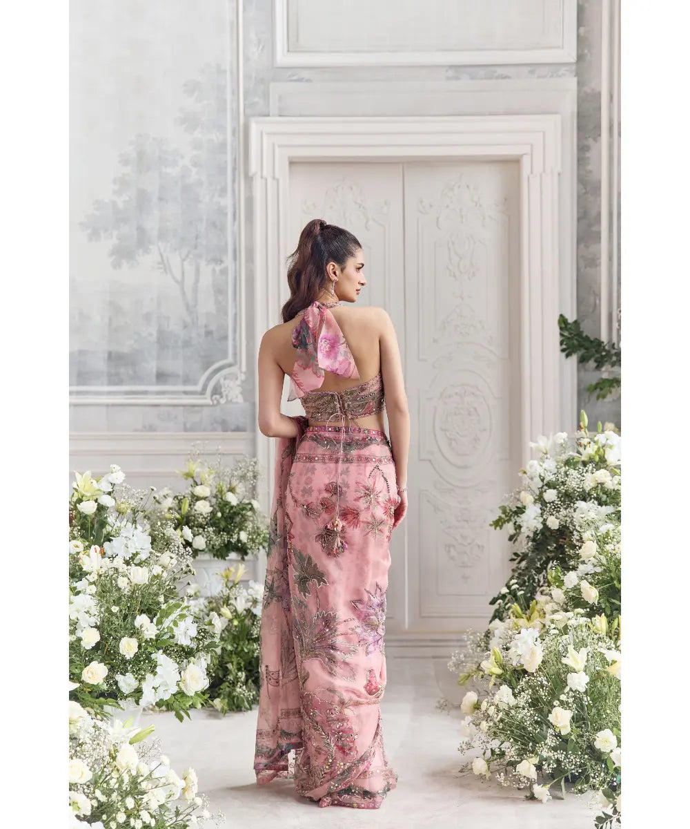 EMBROIDERED HALTER NECK BLOUSE  PAIRED WITH PREDRAPED SAREE - ITR