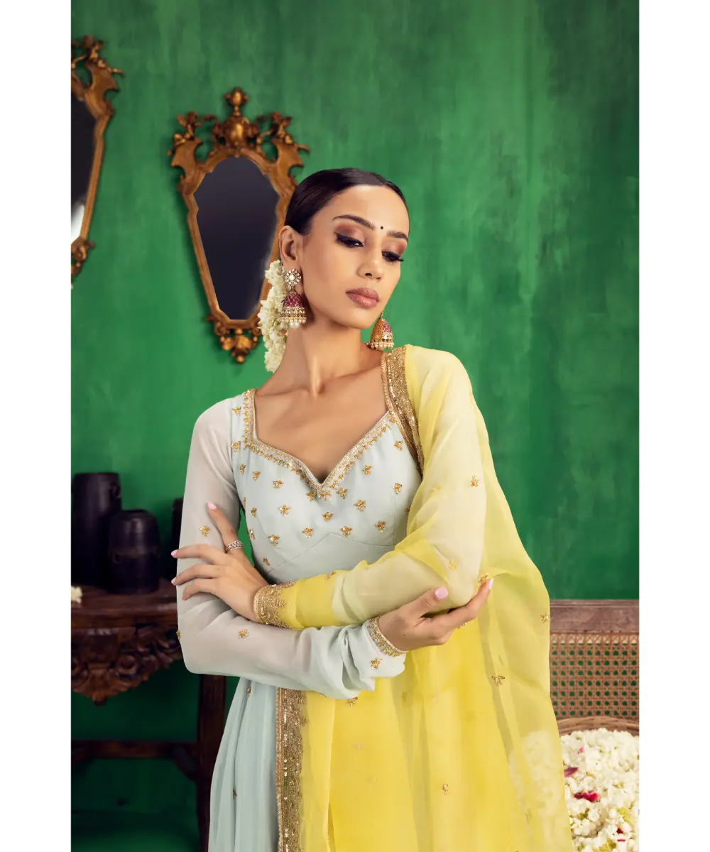 JIGAR MALI - Aqua-Yellow Anarkali set