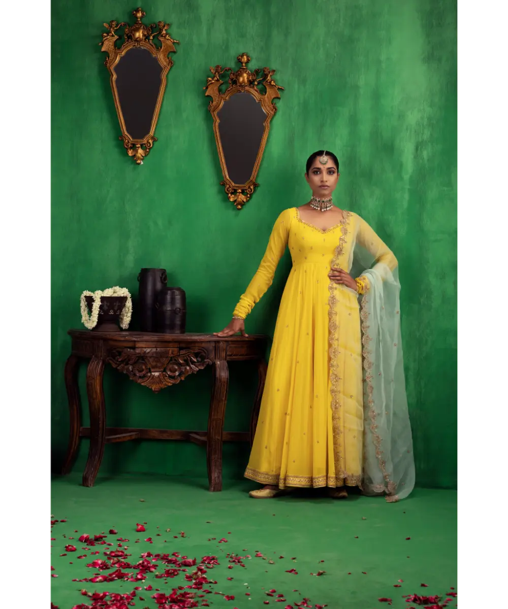 JIGAR MALI - Yellow-Aqua Anarkali set