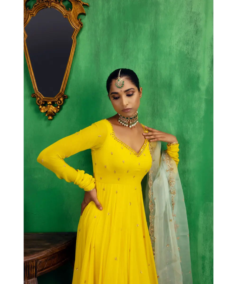 JIGAR MALI - Yellow-Aqua Anarkali set