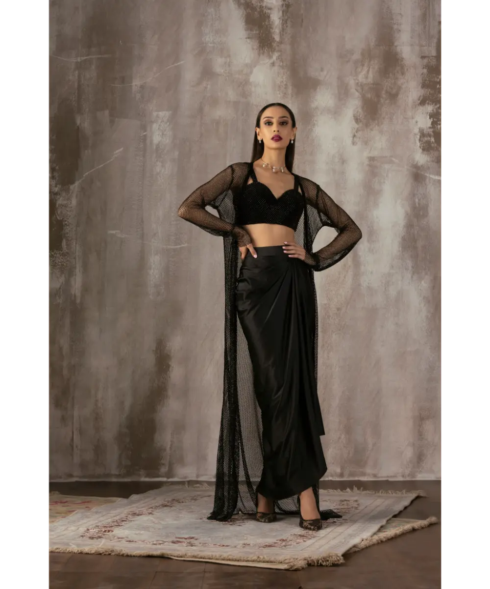 JIGAR MALI - Black Drape Dhoti Skirt & Jacket Set