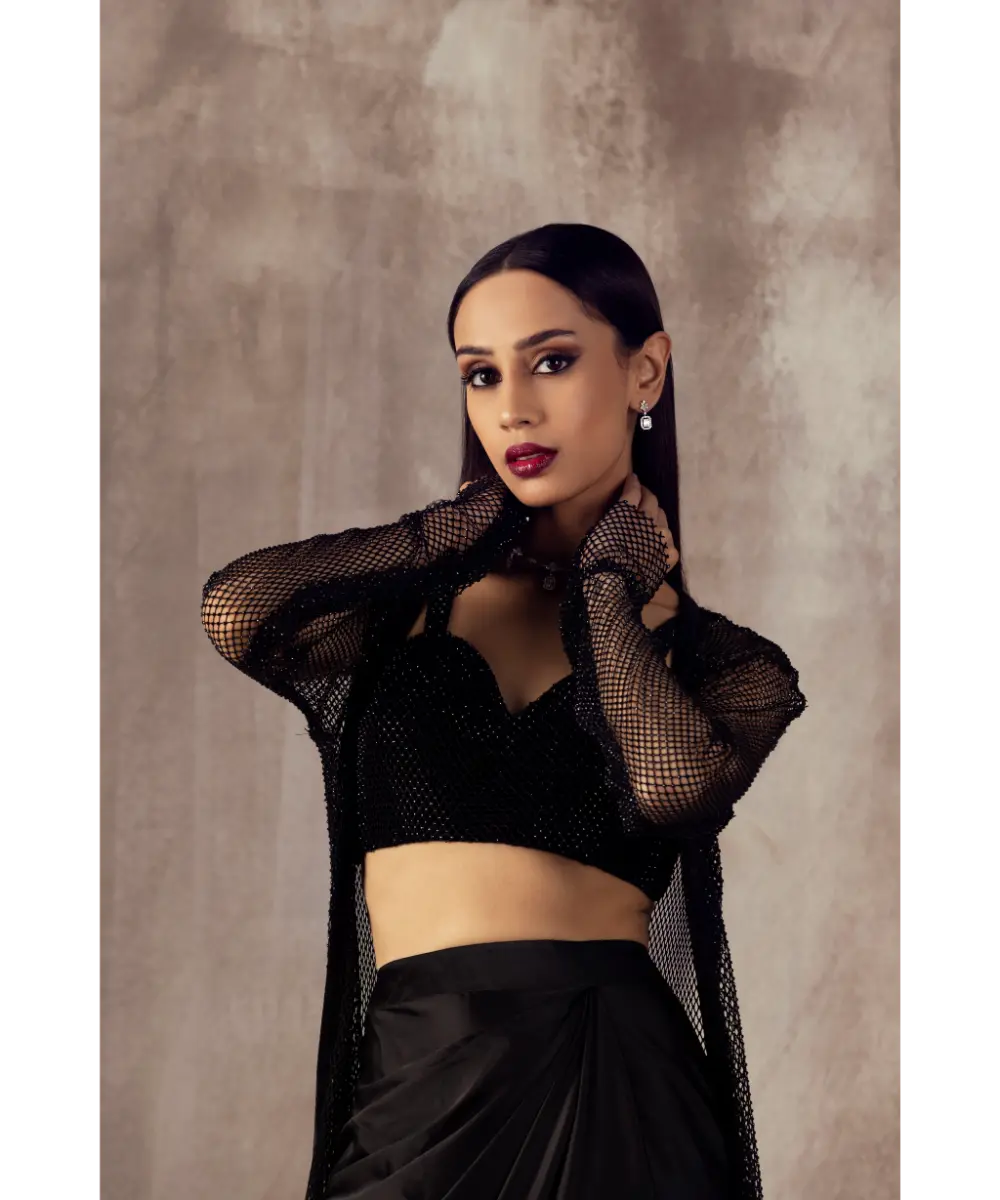 JIGAR MALI - Black Drape Dhoti Skirt & Jacket Set