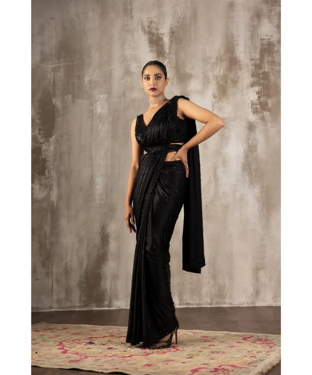 JIGAR MALI - Black satin saree set
