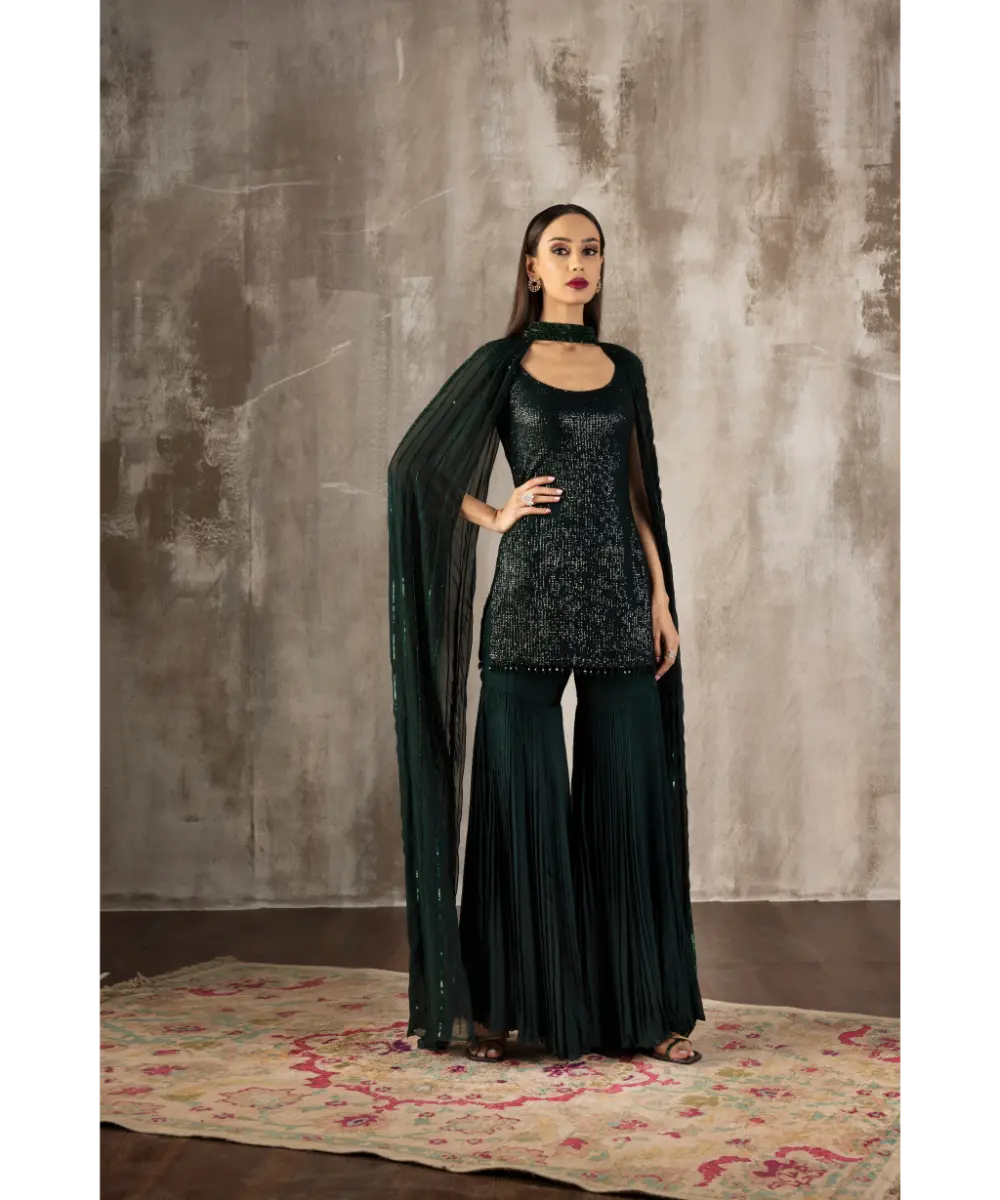 JIGAR MALI - Dark Green Sharara Set