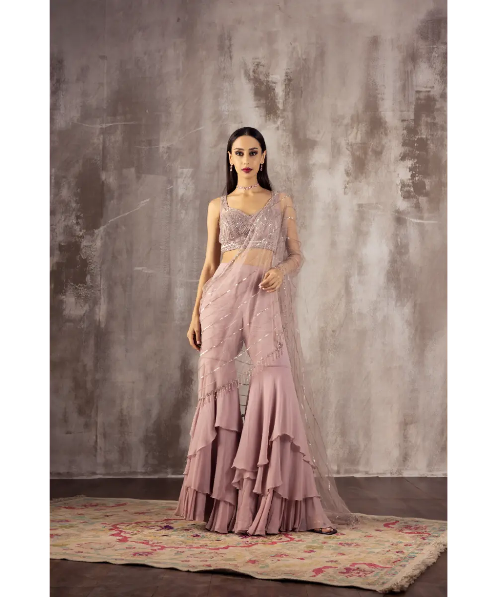 JIGAR MALI - Lavender Draped Saree Gharara Set