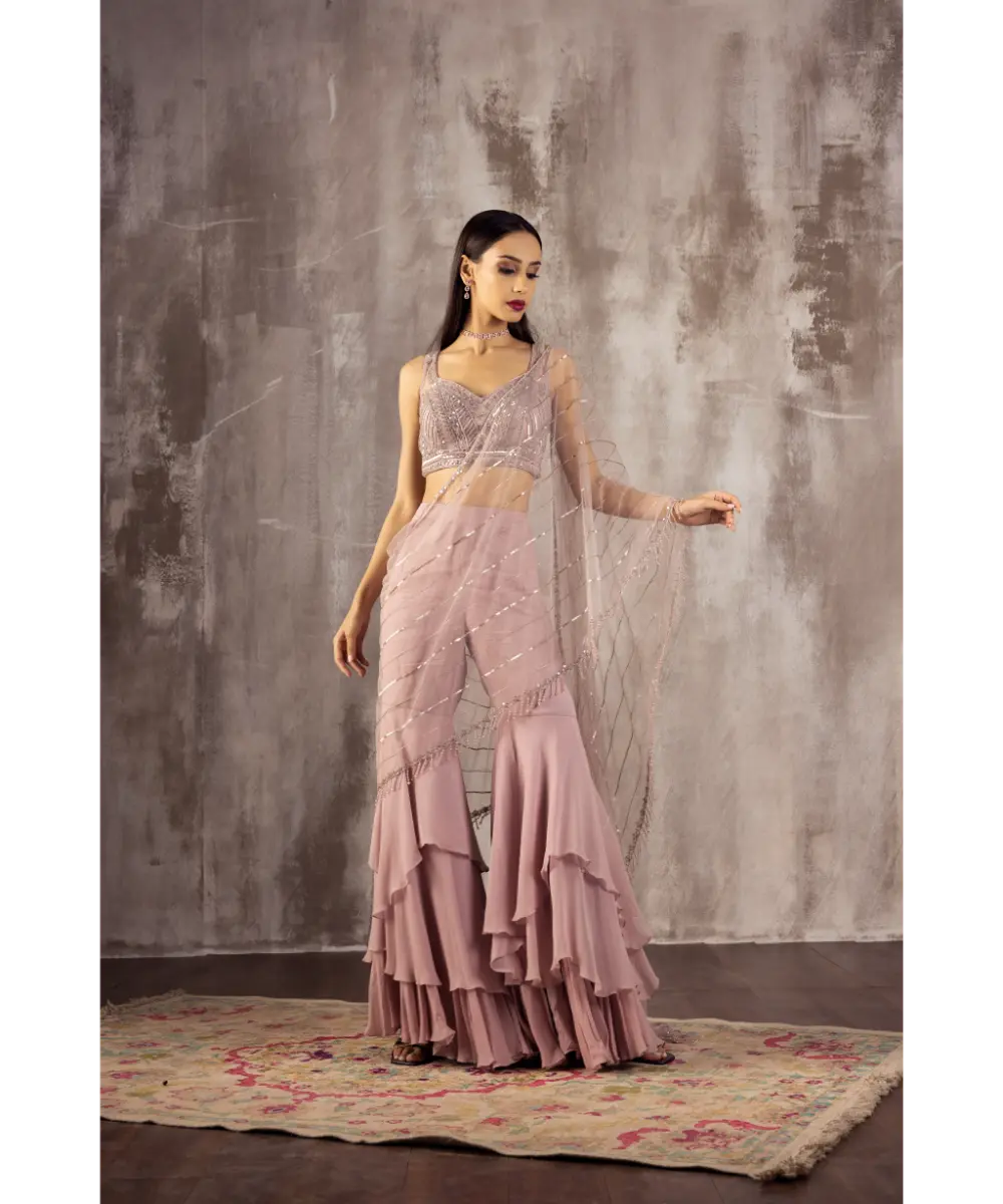 JIGAR MALI - Lavender Draped Saree Gharara Set
