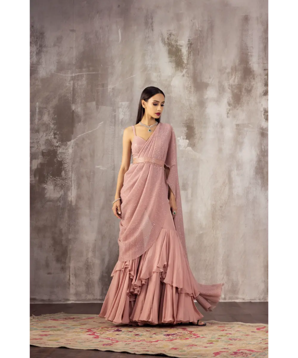 JIGAR MALI - Baby Pink Draped Saree Sharara set