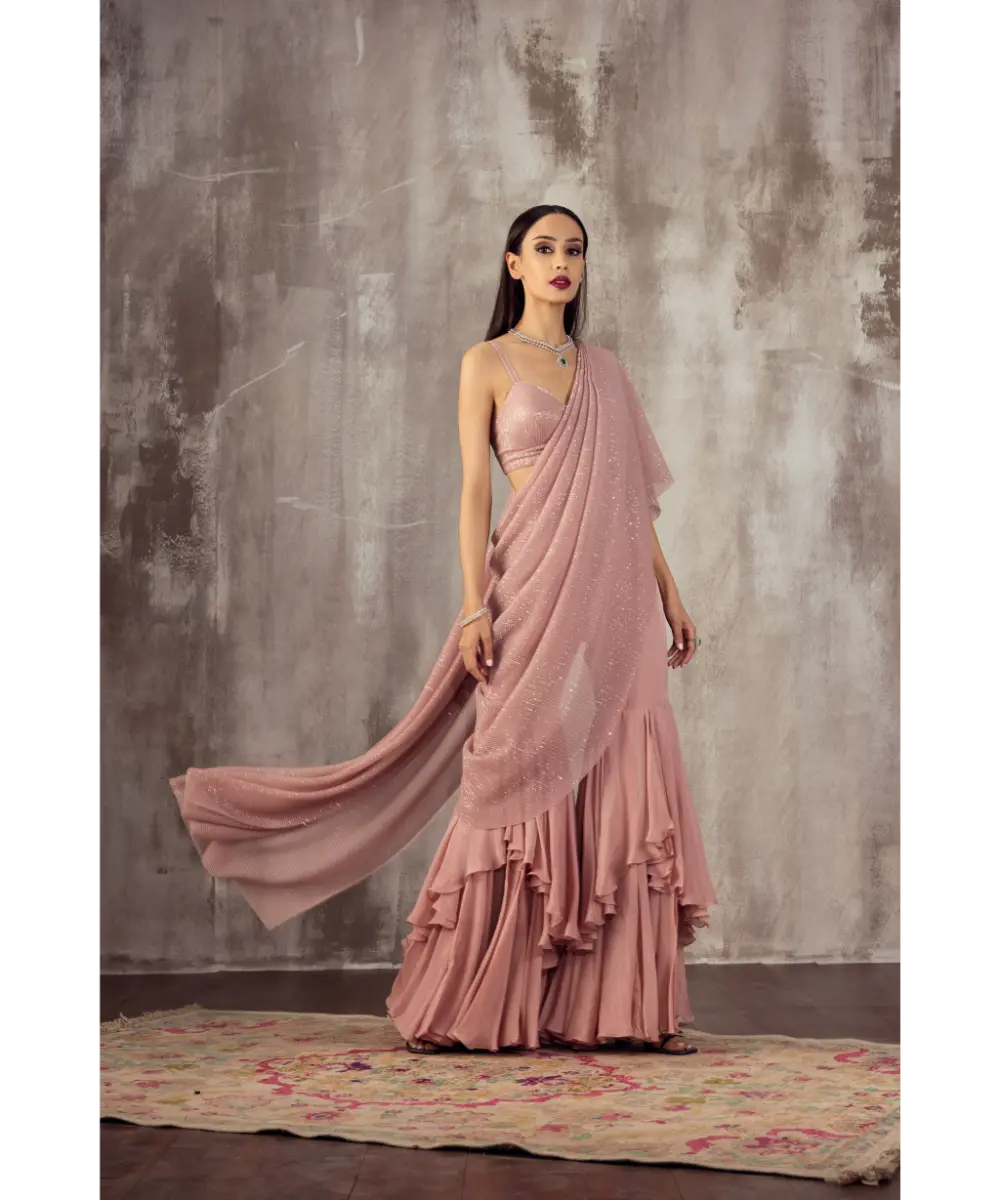 JIGAR MALI - Baby Pink Draped Saree Sharara set