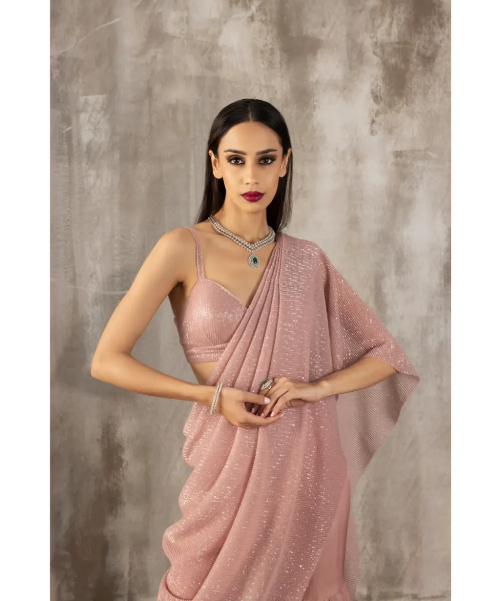 JIGAR MALI - Baby Pink Draped Saree Sharara set