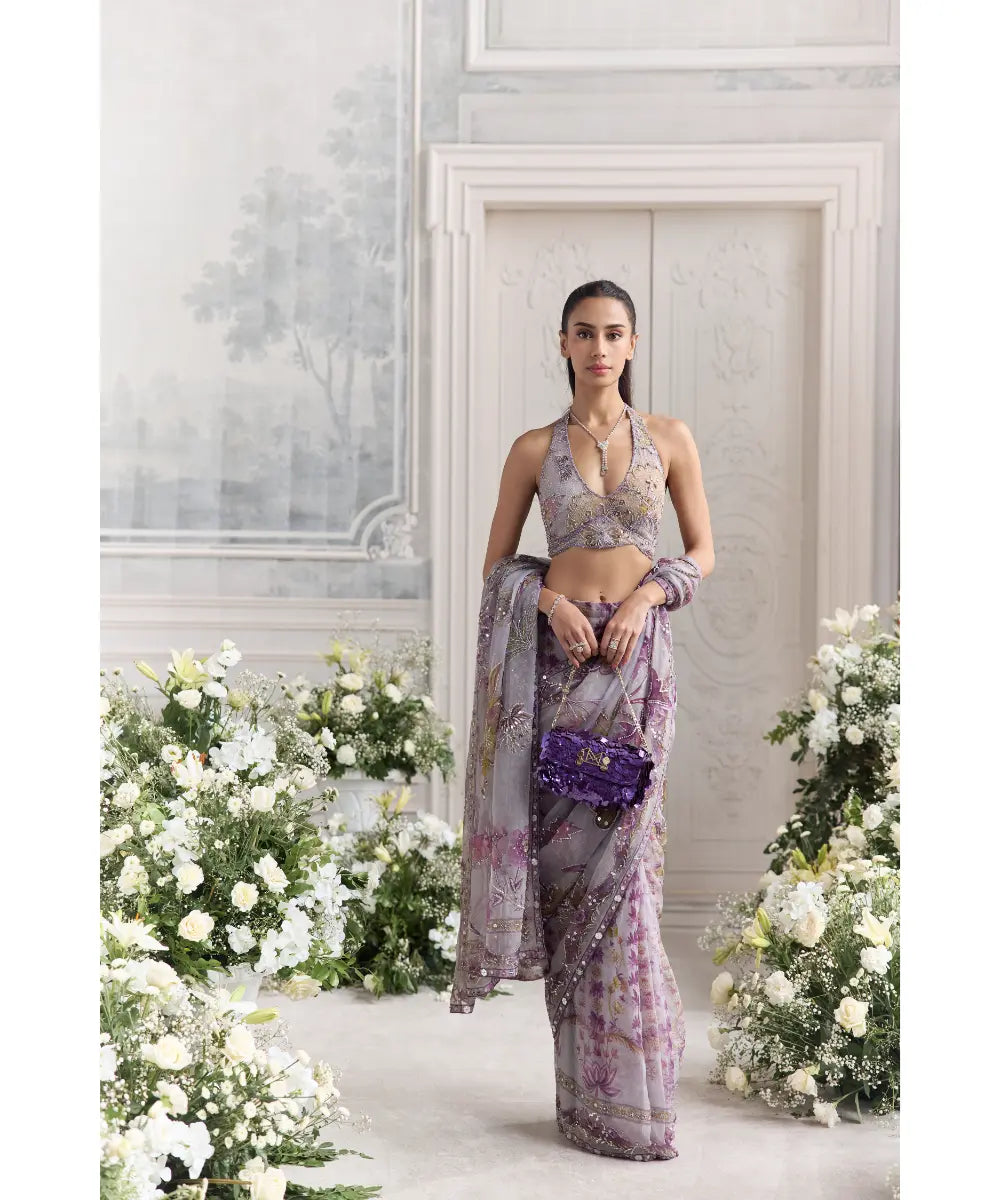 EMBROIDERED HALTER NECK BLOUSE  PAIRED WITH EMBROIDERED PREDRAPED SAREE - LINA