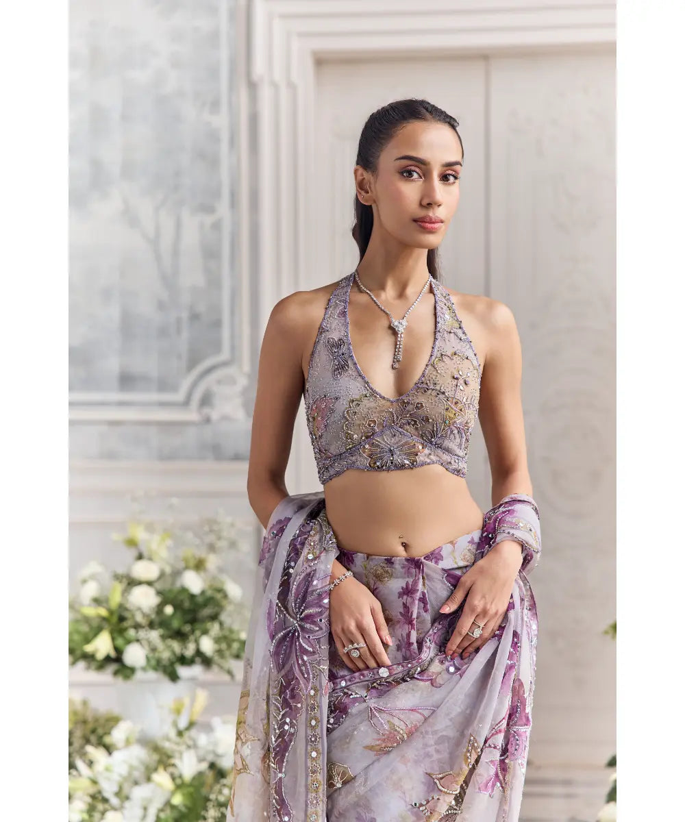 EMBROIDERED HALTER NECK BLOUSE  PAIRED WITH EMBROIDERED PREDRAPED SAREE - LINA