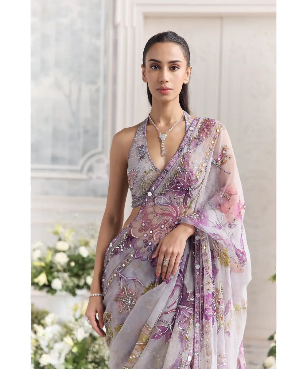 EMBROIDERED HALTER NECK BLOUSE  PAIRED WITH EMBROIDERED PREDRAPED SAREE - LINA
