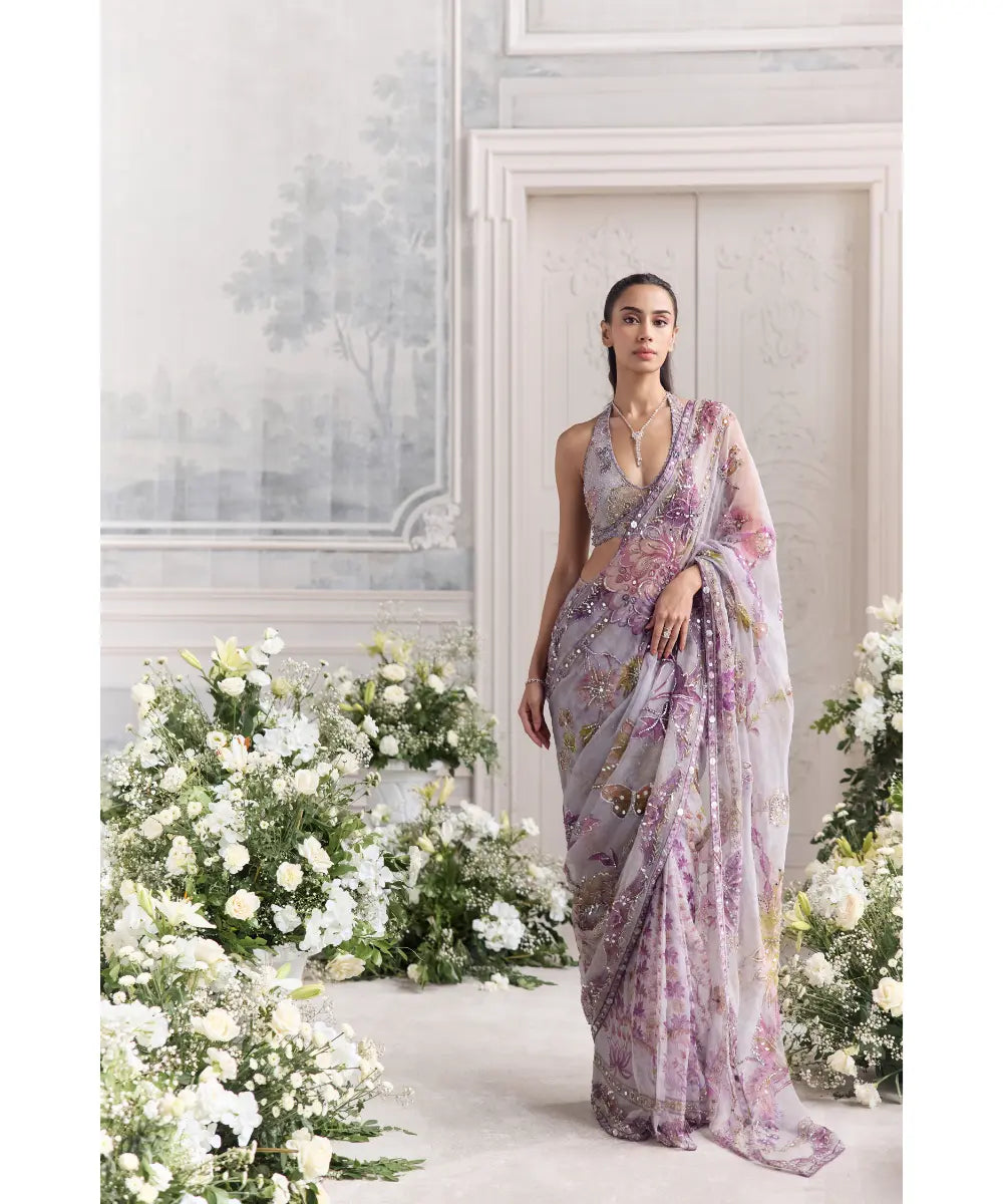 EMBROIDERED HALTER NECK BLOUSE  PAIRED WITH EMBROIDERED PREDRAPED SAREE - LINA