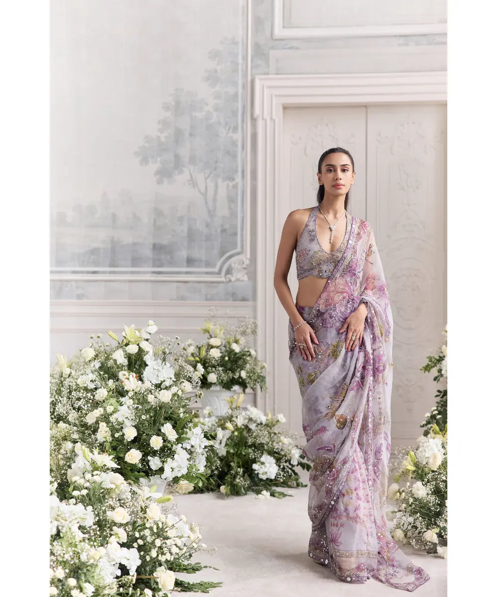 EMBROIDERED HALTER NECK BLOUSE  PAIRED WITH EMBROIDERED PREDRAPED SAREE - LINA