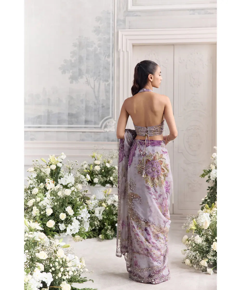 EMBROIDERED HALTER NECK BLOUSE  PAIRED WITH EMBROIDERED PREDRAPED SAREE - LINA
