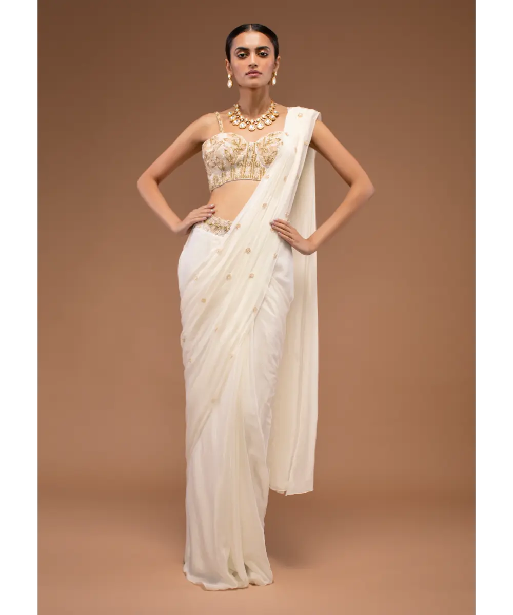 KALKI - Cotton White Ready To Wear Saree With A Crop Top Set In Cut Dana Embroidery, Paired With The Spaghetti Straps With A Corset Neckline