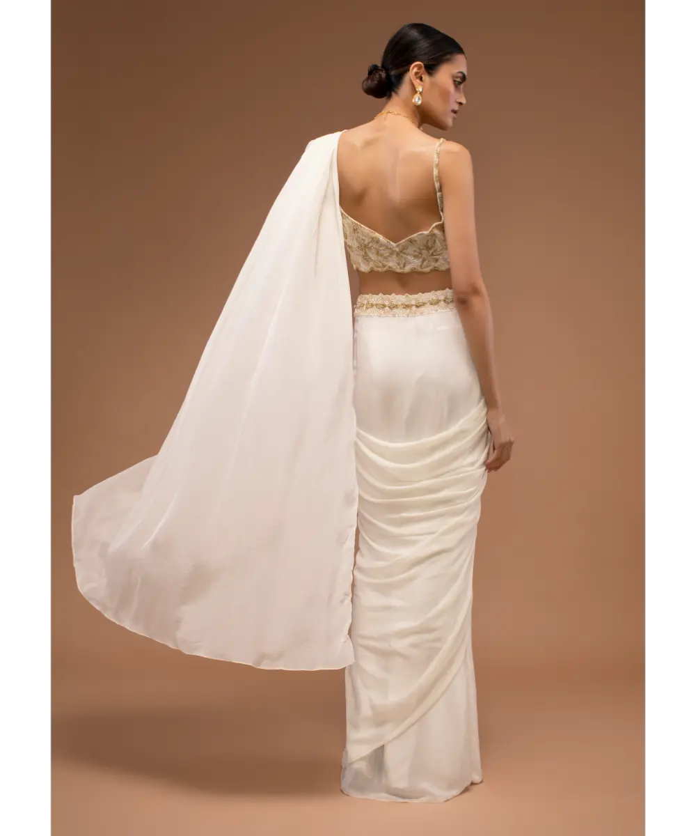 KALKI - Cotton White Ready To Wear Saree With A Crop Top Set In Cut Dana Embroidery, Paired With The Spaghetti Straps With A Corset Neckline