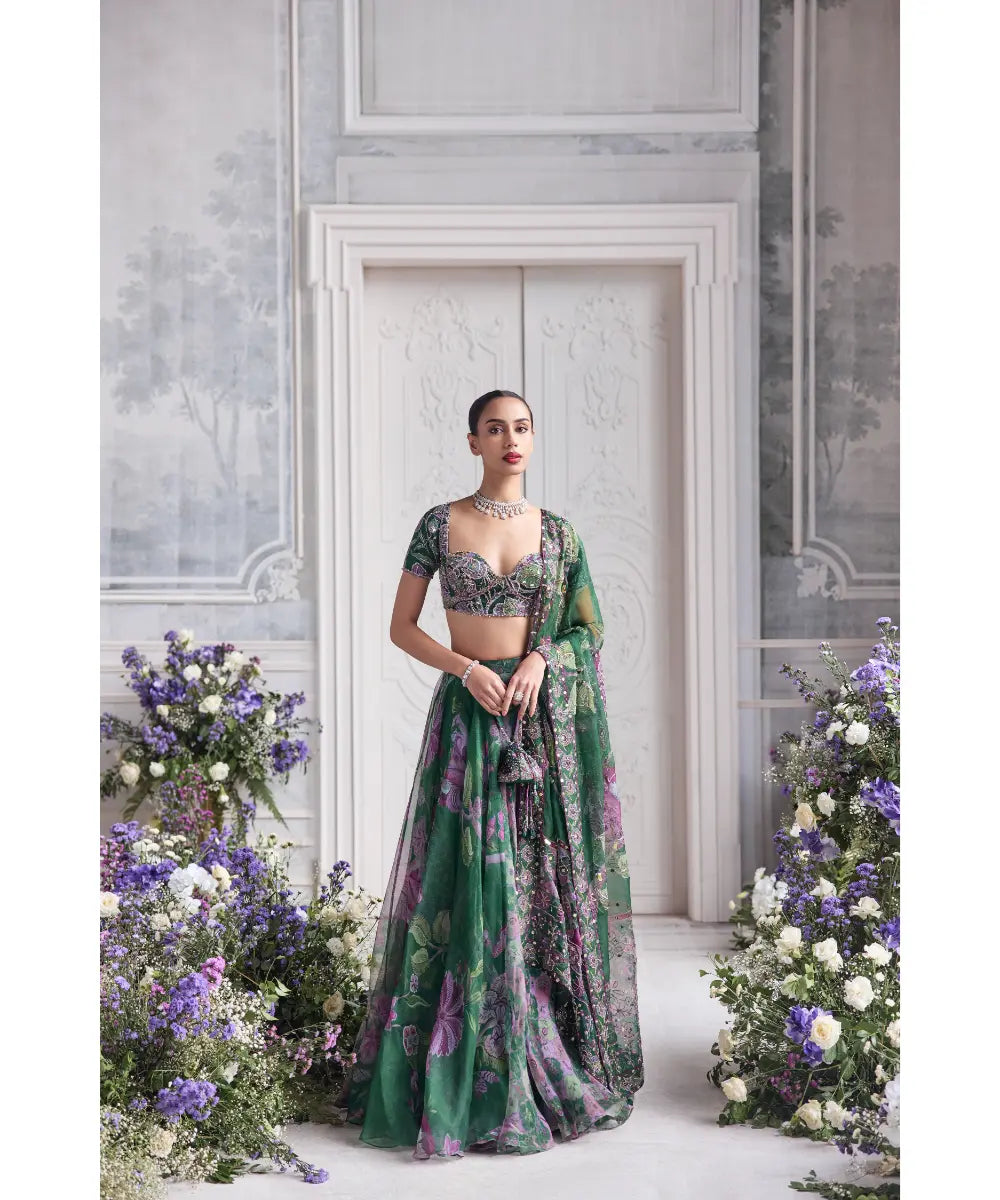 EMBROIDERED BLOUSE AND DUPATTA PAIRED WITH FLORAL LEHENGA - RESHA