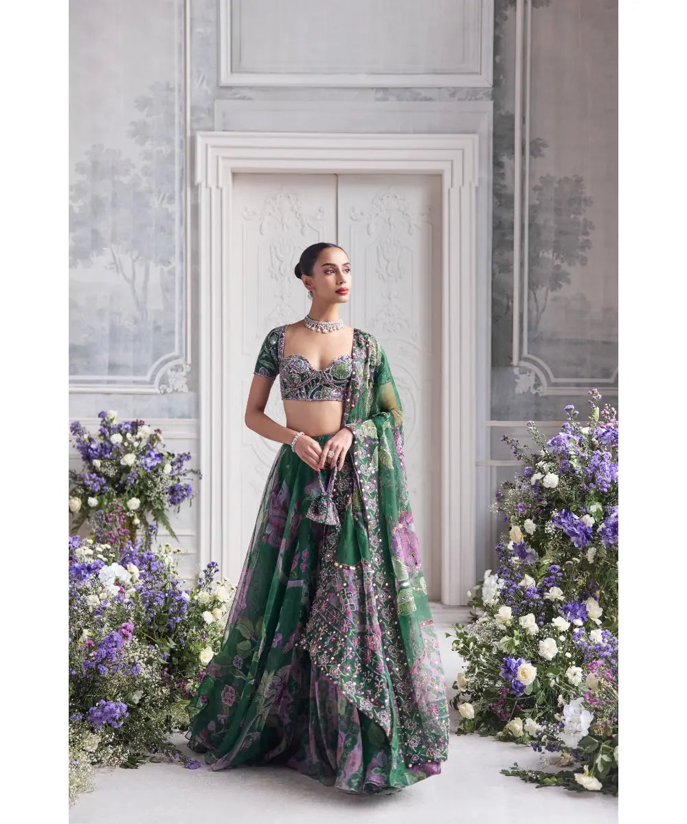 EMBROIDERED BLOUSE AND DUPATTA PAIRED WITH FLORAL LEHENGA - RESHA