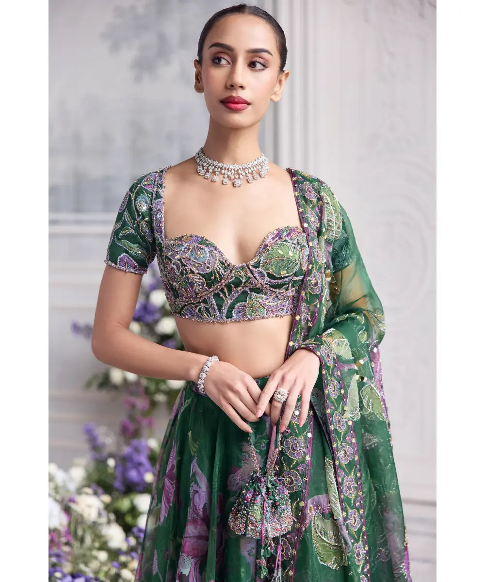 EMBROIDERED BLOUSE AND DUPATTA PAIRED WITH FLORAL LEHENGA - RESHA