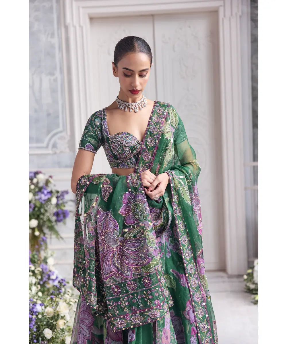 EMBROIDERED BLOUSE AND DUPATTA PAIRED WITH FLORAL LEHENGA - RESHA