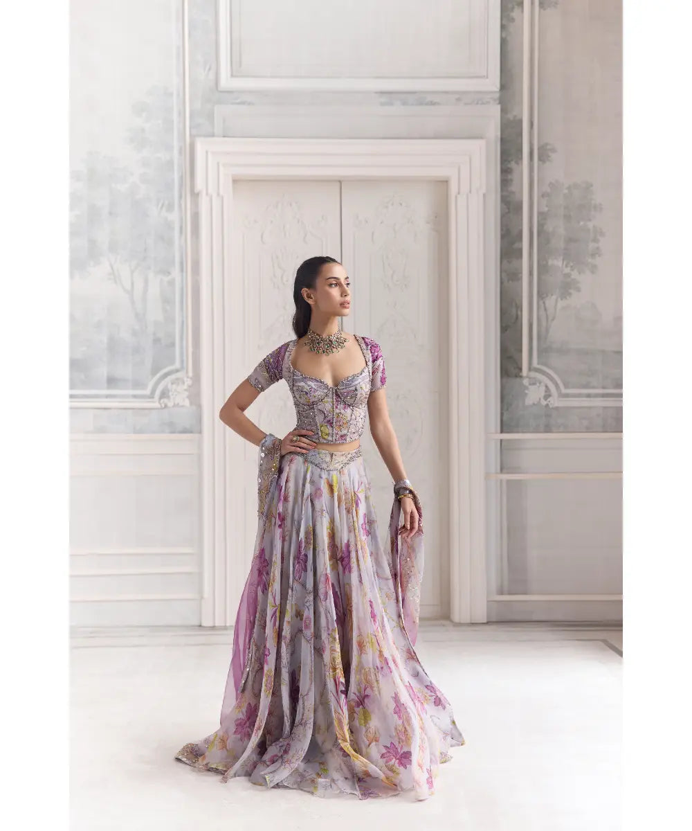 EMBRODIERED SLEEVED CORSET TOP  PAIRED WITH EMBROIDERED DUPATTA  AND FLORAL LEHENGA -  SABAH