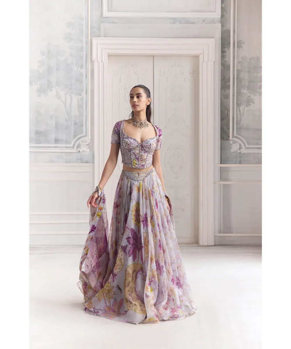 EMBRODIERED SLEEVED CORSET TOP  PAIRED WITH EMBROIDERED DUPATTA  AND FLORAL LEHENGA -  SABAH