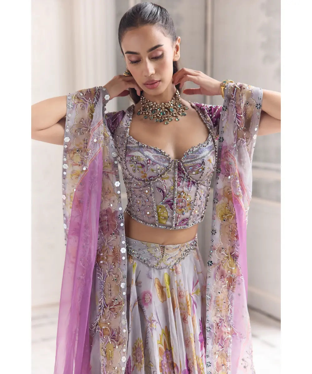 EMBRODIERED SLEEVED CORSET TOP  PAIRED WITH EMBROIDERED DUPATTA  AND FLORAL LEHENGA -  SABAH