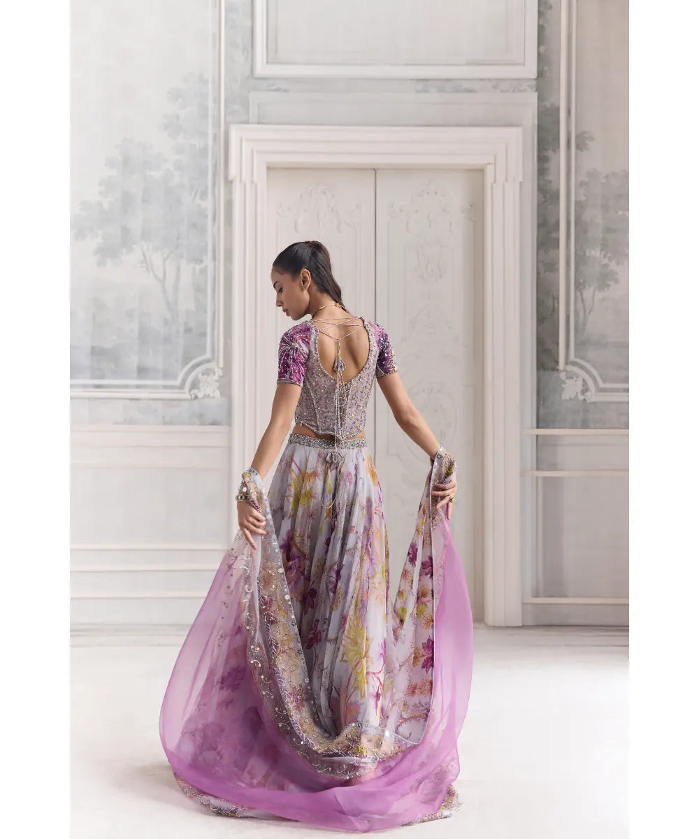 EMBRODIERED SLEEVED CORSET TOP  PAIRED WITH EMBROIDERED DUPATTA  AND FLORAL LEHENGA -  SABAH