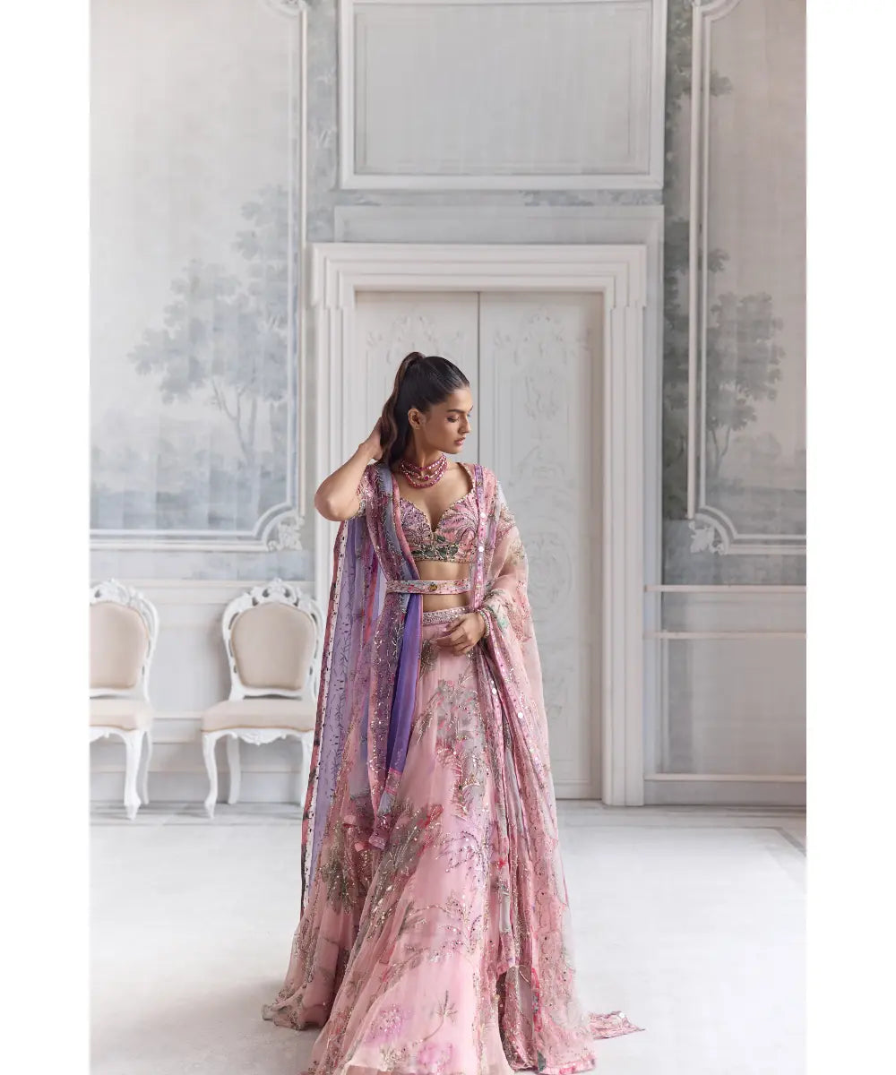 HEAVY EMBROIDERED LEHENGA SET  PAIRED WITH EMBROIDERED BELT AND  SIDE DUPATTA - SARA BRIDAL