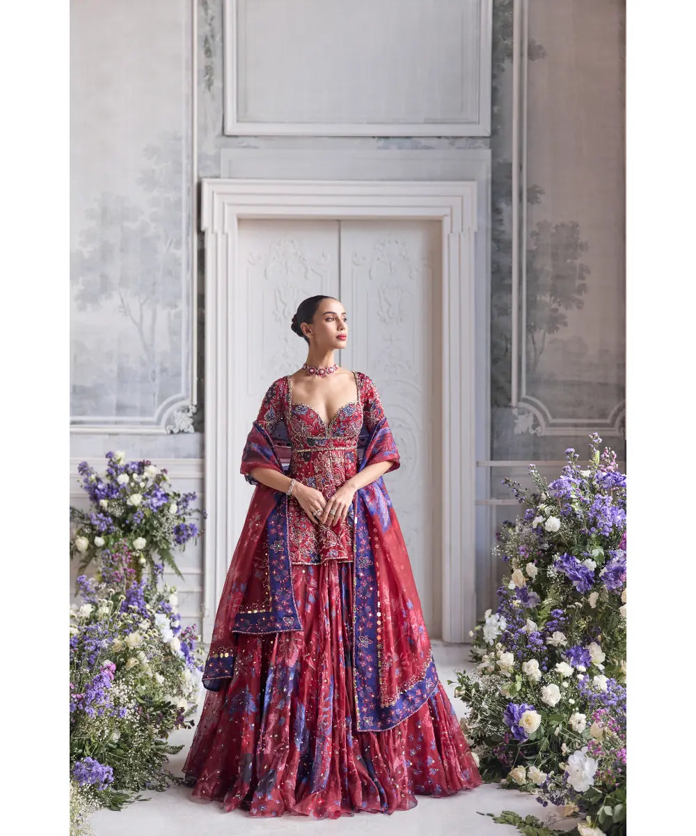 HEAVY EMBROIDERED PEPLUM KURTA PAIRED WITH EMBROIDERED LEHENGA AND DUPATTA - SELINA