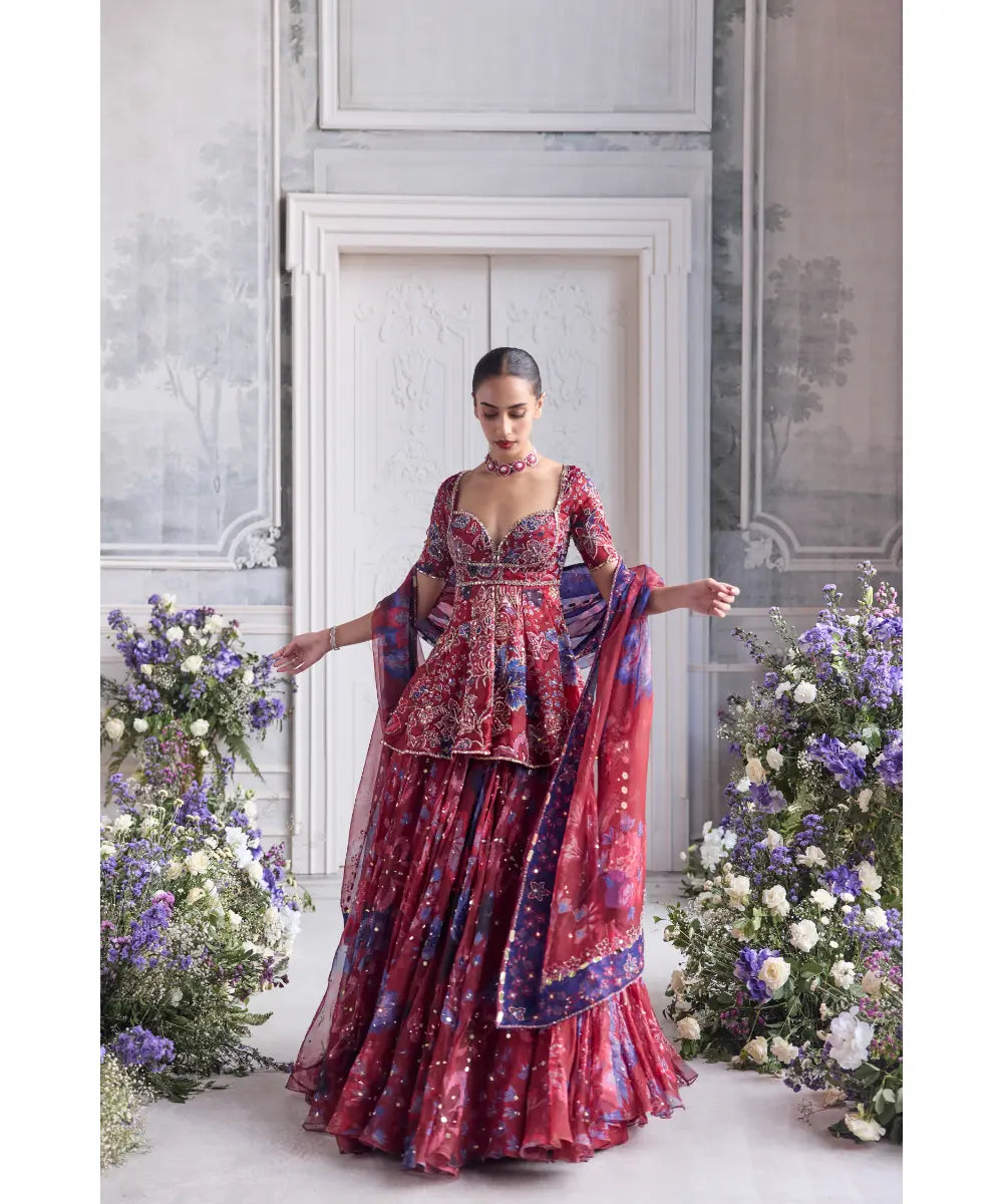 HEAVY EMBROIDERED PEPLUM KURTA PAIRED WITH EMBROIDERED LEHENGA AND DUPATTA - SELINA