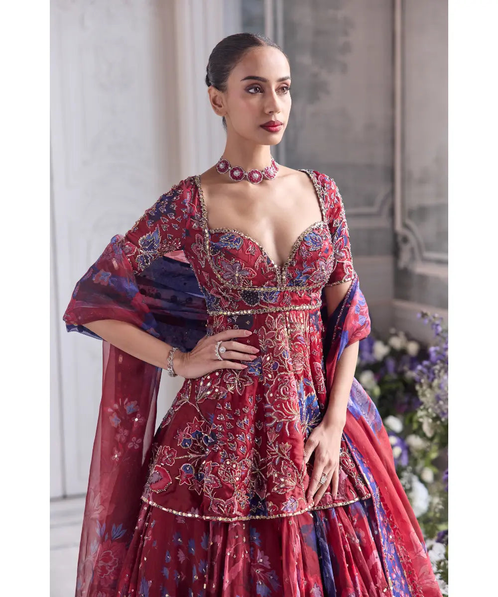 HEAVY EMBROIDERED PEPLUM KURTA PAIRED WITH EMBROIDERED LEHENGA AND DUPATTA - SELINA