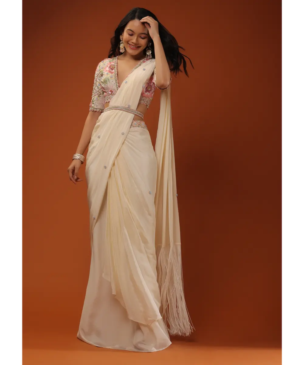 KALKI - Cream White Ready Tp Wear Saree With Floral Hand Work On The Blouse