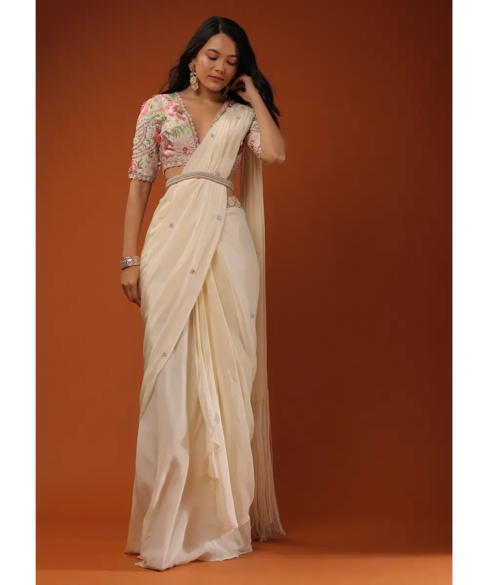 KALKI - Cream White Ready Tp Wear Saree With Floral Hand Work On The Blouse