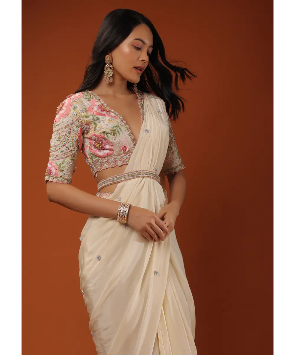 KALKI - Cream White Ready Tp Wear Saree With Floral Hand Work On The Blouse