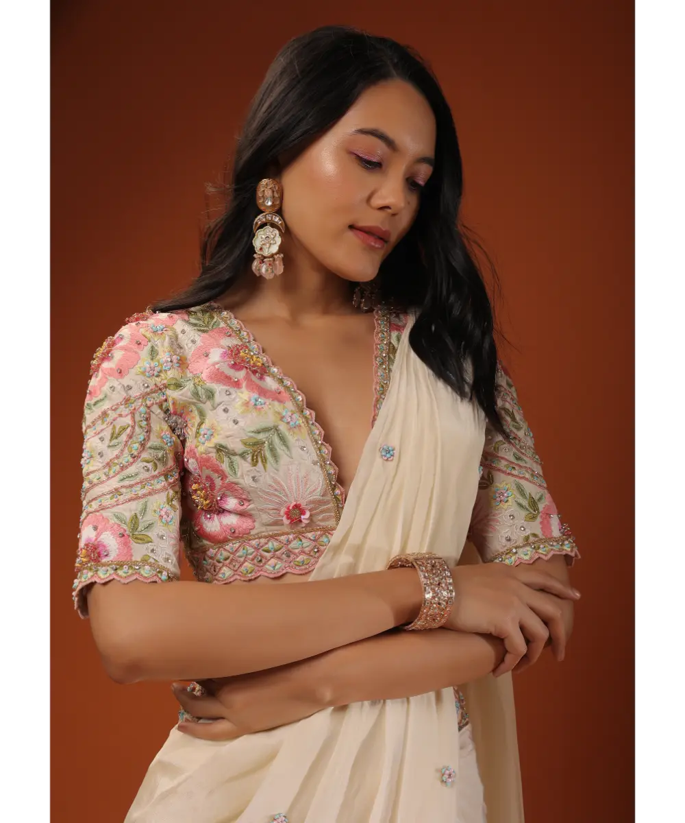 KALKI - Cream White Ready Tp Wear Saree With Floral Hand Work On The Blouse