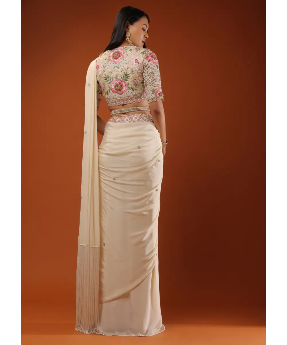 KALKI - Cream White Ready Tp Wear Saree With Floral Hand Work On The Blouse