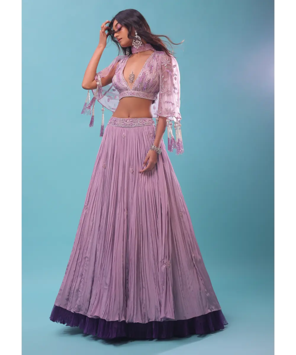 KALKI - Ombre Lehenga And Crop Top In Moti Cut An Dana Embroidery, Cape Jacket In Tassels Fringes At The Border