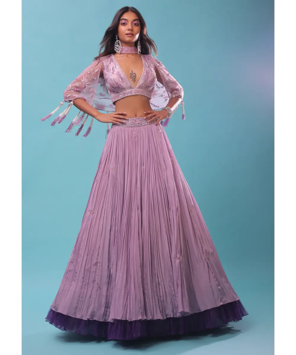 KALKI - Ombre Lehenga And Crop Top In Moti Cut An Dana Embroidery, Cape Jacket In Tassels Fringes At The Border