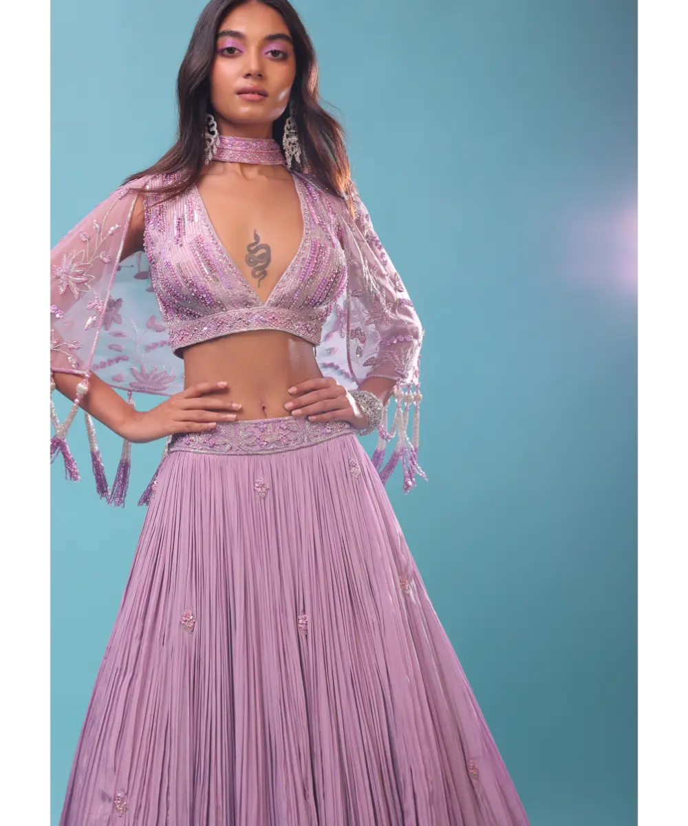 KALKI - Ombre Lehenga And Crop Top In Moti Cut An Dana Embroidery, Cape Jacket In Tassels Fringes At The Border