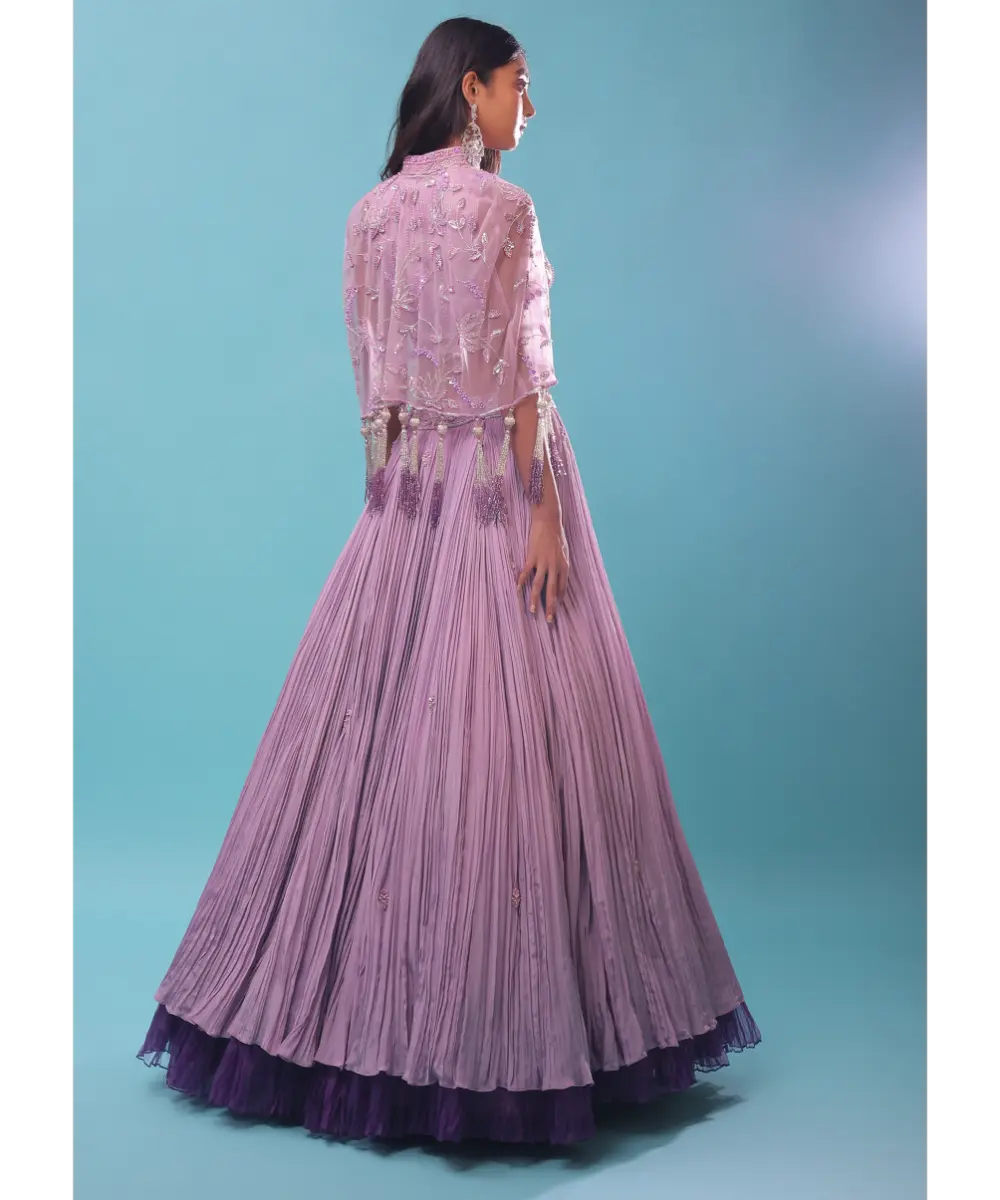 KALKI - Ombre Lehenga And Crop Top In Moti Cut An Dana Embroidery, Cape Jacket In Tassels Fringes At The Border