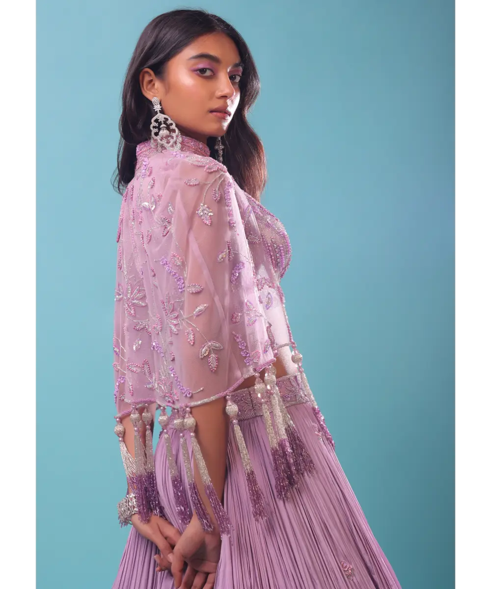 KALKI - Ombre Lehenga And Crop Top In Moti Cut An Dana Embroidery, Cape Jacket In Tassels Fringes At The Border