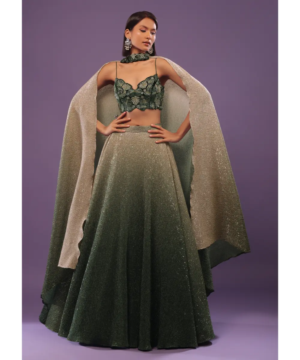 KALKI - Deep Green Ombre And Gold Embroidered Lehenga Set With Sequins Embroidery