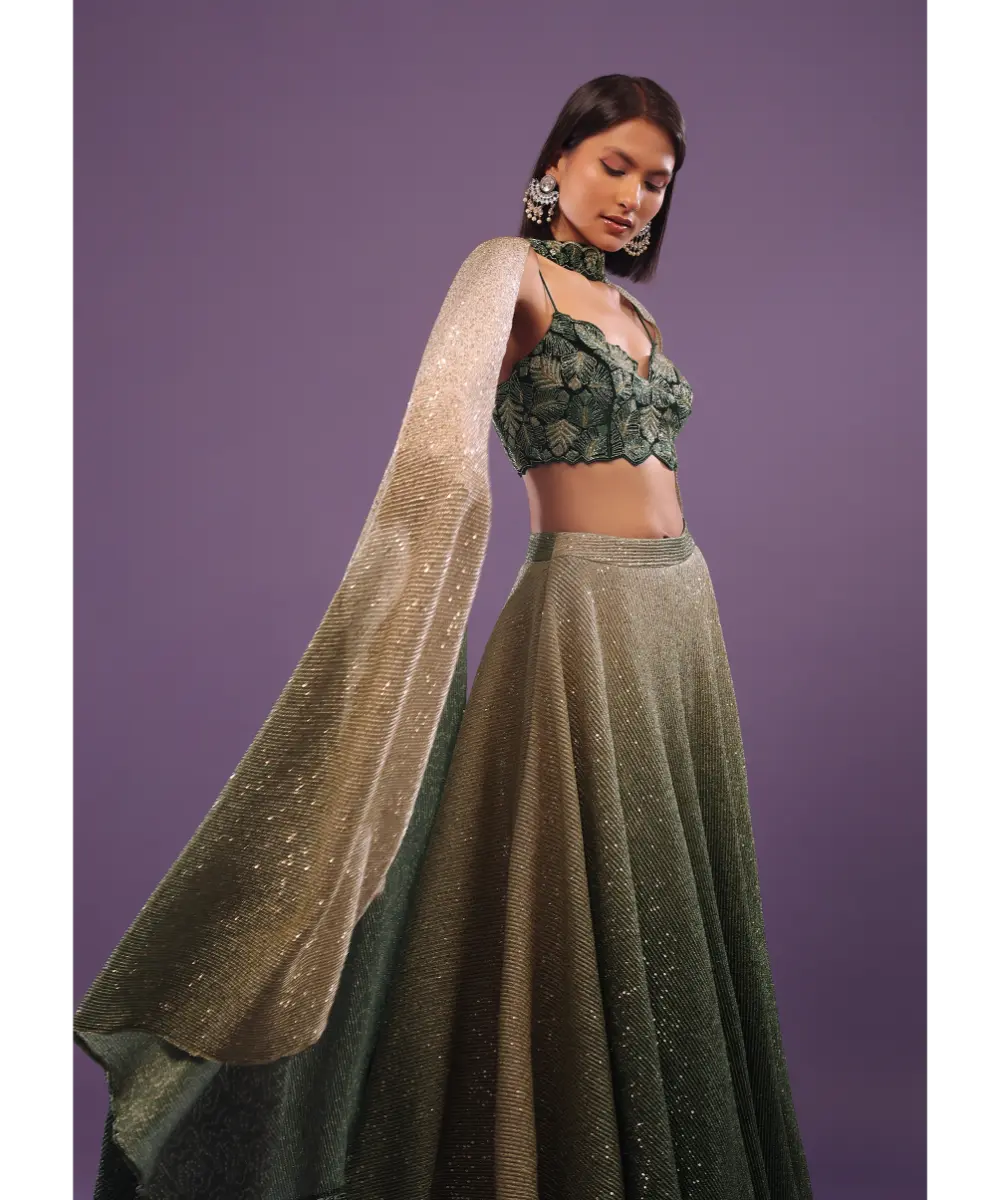 KALKI - Deep Green Ombre And Gold Embroidered Lehenga Set With Sequins Embroidery