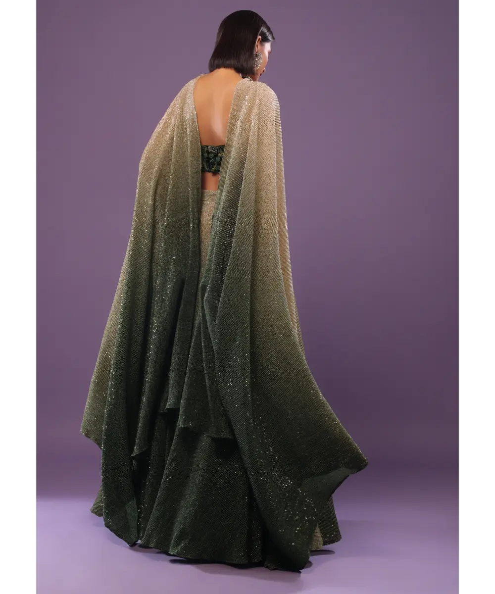 KALKI - Deep Green Ombre And Gold Embroidered Lehenga Set With Sequins Embroidery