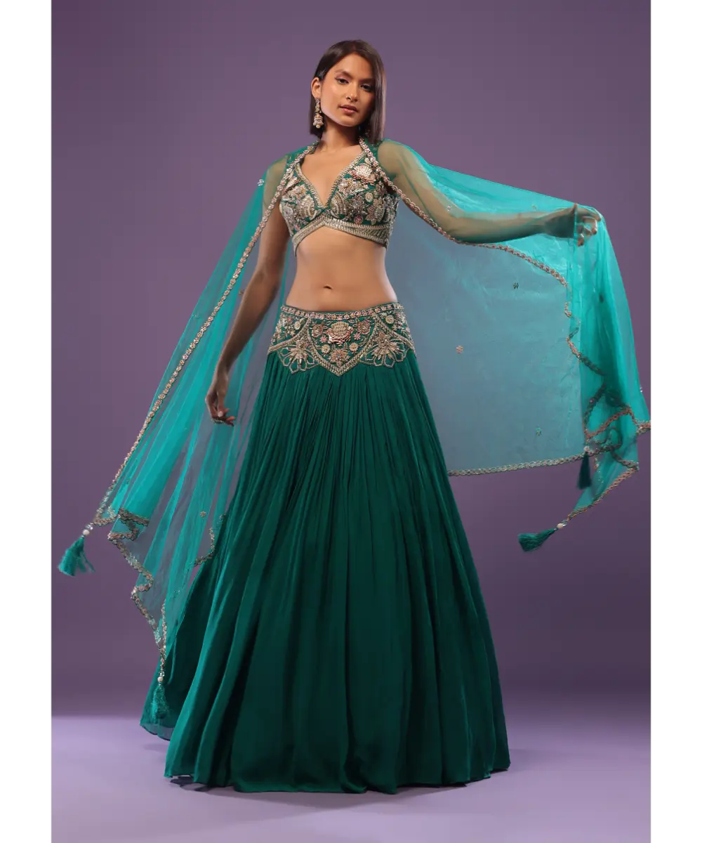 KALKI - Emerald Green Embroidered Lehenga Set In Georgette