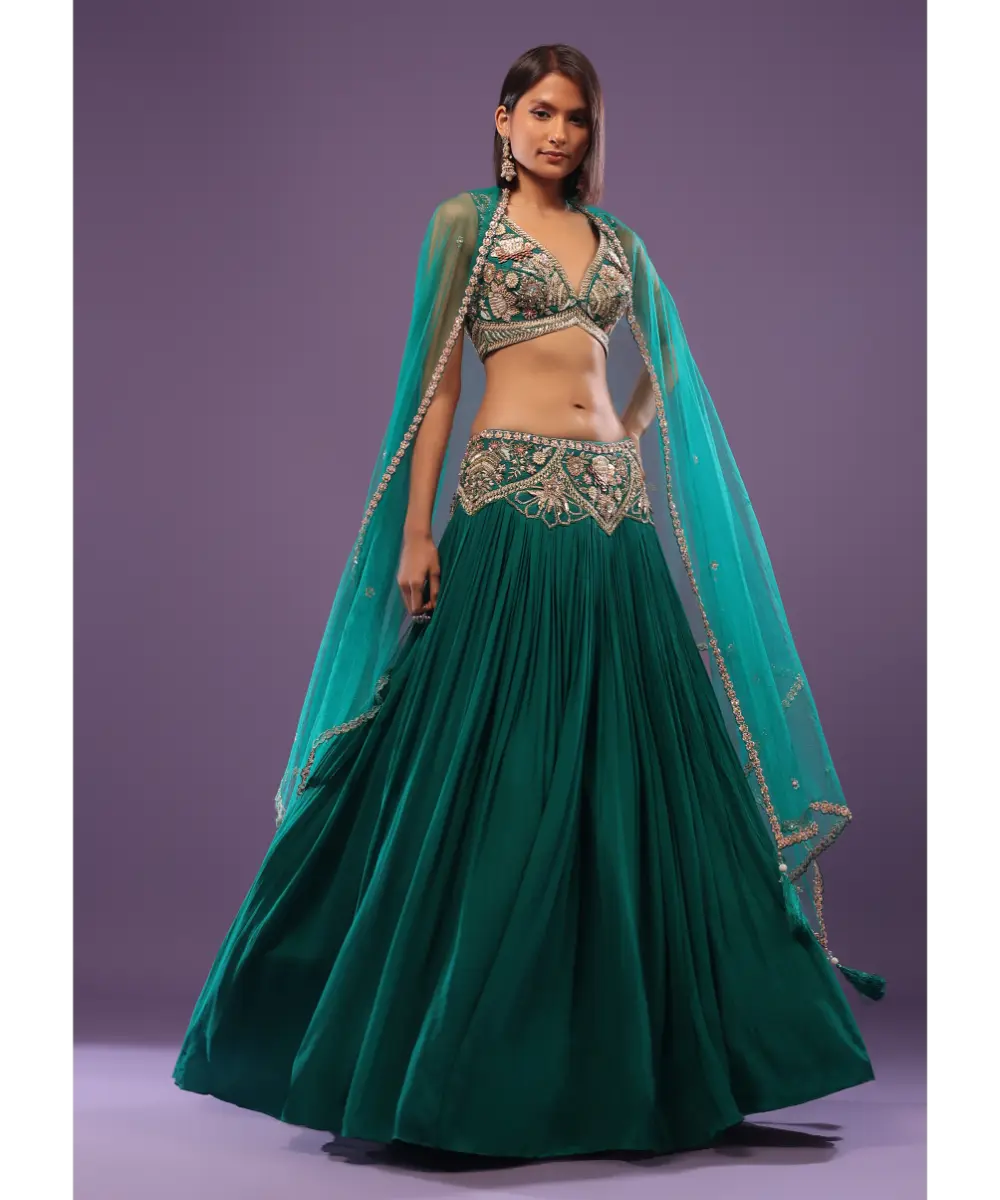 KALKI - Emerald Green Embroidered Lehenga Set In Georgette