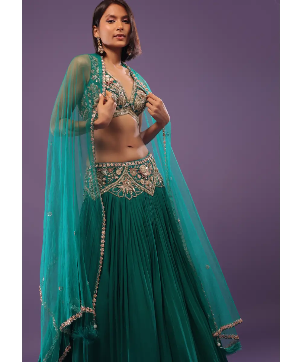 KALKI - Emerald Green Embroidered Lehenga Set In Georgette